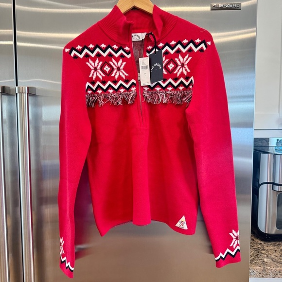 NWT The Upside Keystone Blanche Half Zip Sweater in Red with fringe in Chili Red - Picture 3 of 16